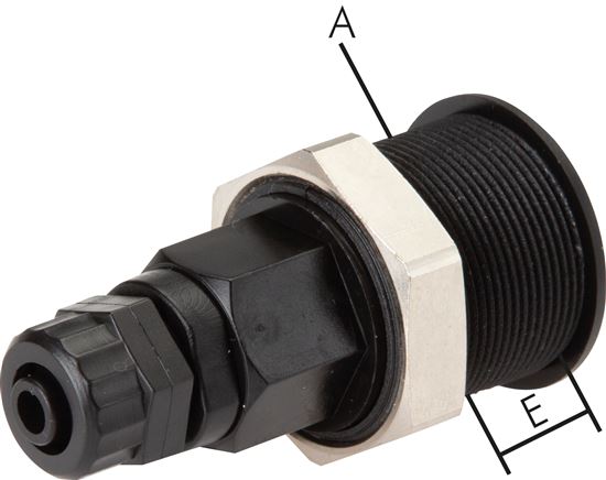 Exemplary representation: Breakaway coupling socket with hose connection & bulkhead thread, POM