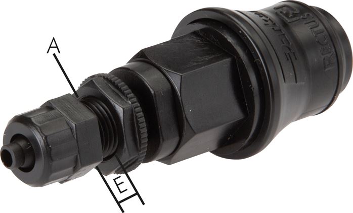 Exemplary representation: Coupling socket with hose connection & bulkhead thread, POM